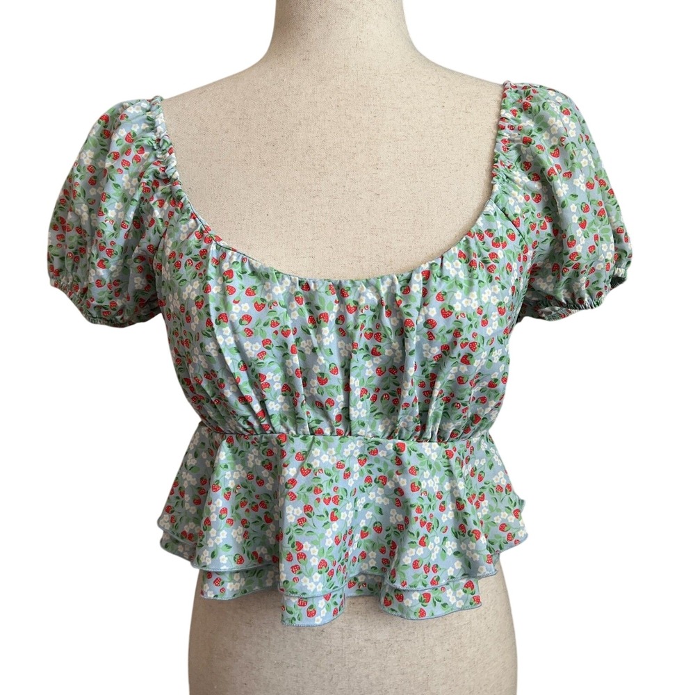 Cottagecore Strawberry Originality Floral Puff Sleeve Peplum Top‎ Picnic Size S
